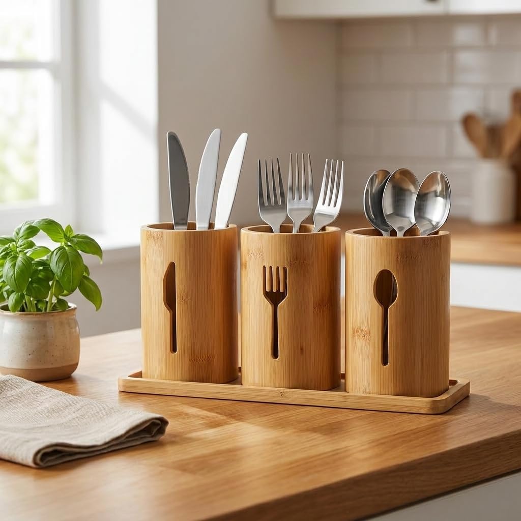 Alternative view of 3'lü Doğal Bambu Kaşıklık Seti - Ahşap Standlı Tezgah Üstü Çatal Kaşık Bıçak Düzenleyici Şık Mutfak Organizeri (Stand: 33x13x2 cm/Kaşıklık: 10x12 cm)