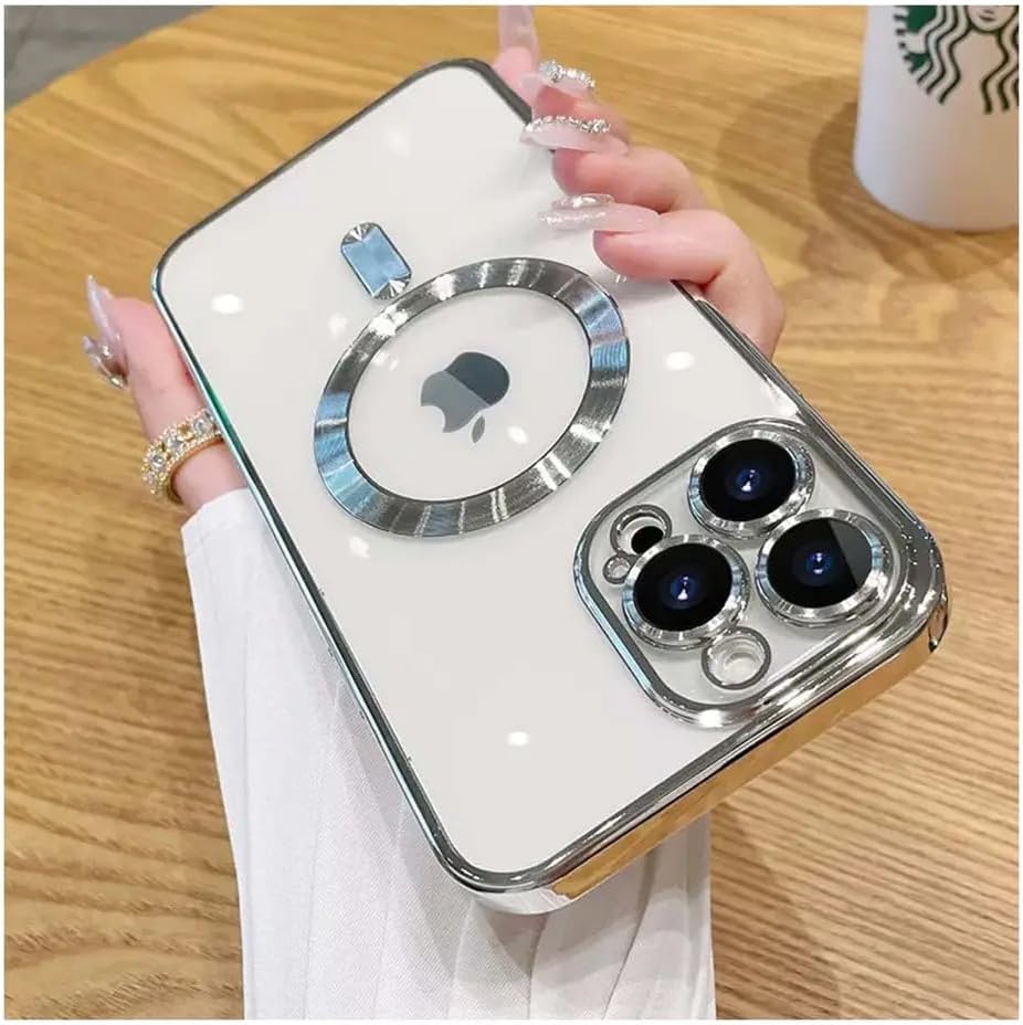 & AKSESUAR iPhone 15 Pro Max için Magsafe ile Uyumlu Arka Kısmı Parlak Şeffaf Yapıya Sahip Kenarları Silikon Yapılı Güçlendirilmiş Mıknatıslı Kamera Lens Koruyuculu Wireless Kablosuz Şarj