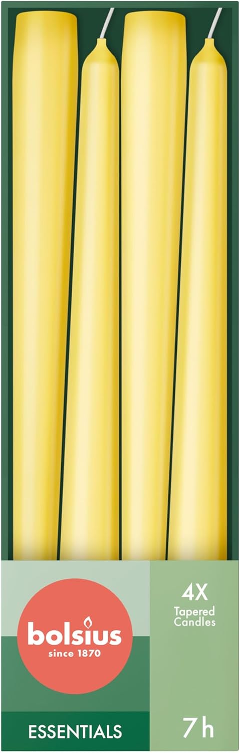 Bolsius Düz sivri mum – sarı – 4 adet kartonda – dekoratif ev mumu – yanma süresi 7 saat – parfümsüz – doğal bitkisel bal mumu içerir – palmiye yağı içermez – 24,5 cm - Görsel 3