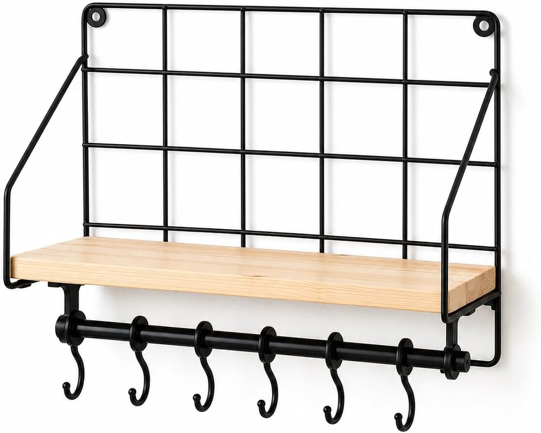 Alternative view of Duvara Asılabilir Yapışkanlı Raf ve 6 Kancalı Organizer, Ahşap Raflı Metal Mutfak Düzenleyici, Delmeden Monte Edilebilir Askılı Duvar Rafı, Baharatlık, Havluluk, Bardaklık
