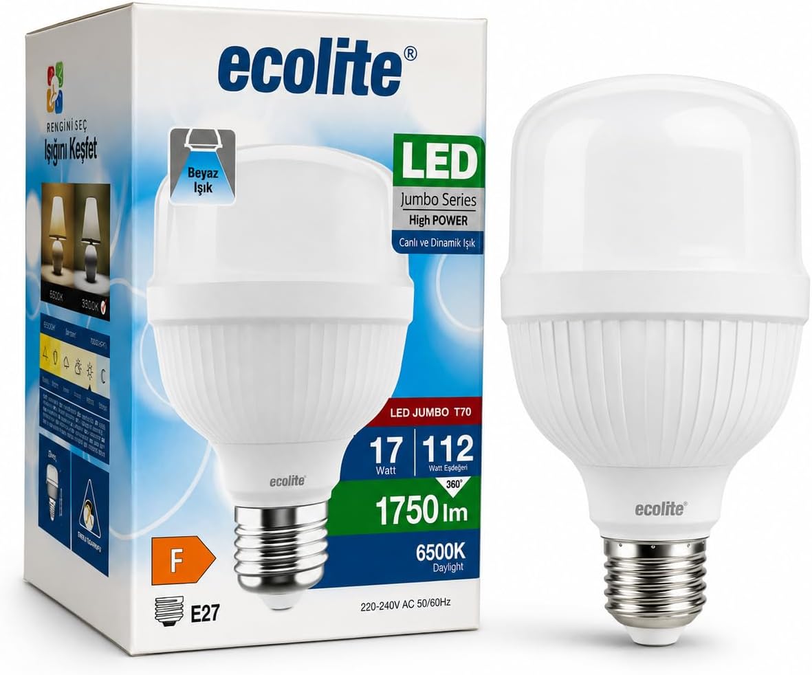 Alternative view of 17W Jumbo LED Ampul (112W Eşdeğer) 6500K Beyaz Işık – E27 Duy, 1750 Lümen, 220V, Enerji Sınıfı F, 109x70mm