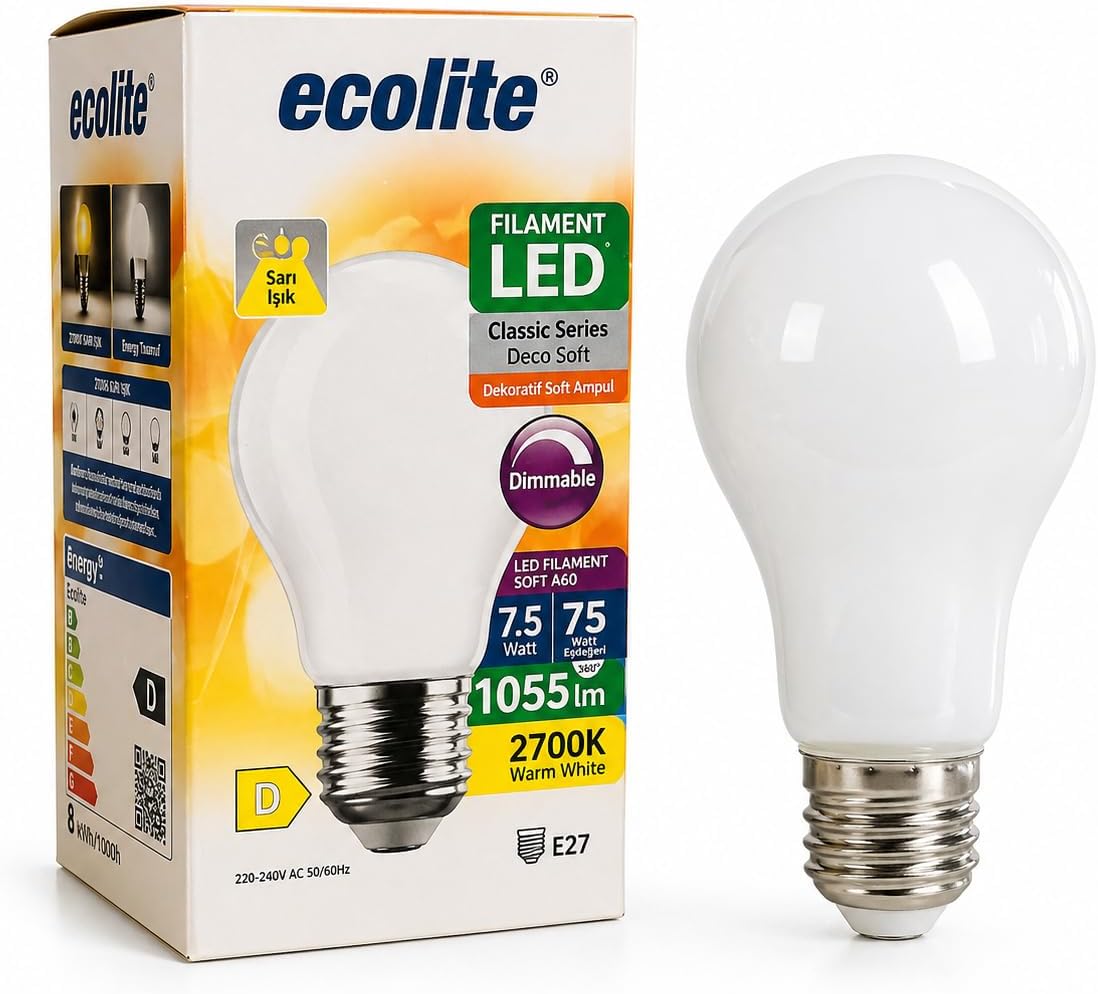 7.5W LED Filament Soft Ampul Dimmer Uyumlu 75W Eşdeğer 1055 Lümen E27 Duy 2700K Sarı Işık Dekoratif LED Ampul