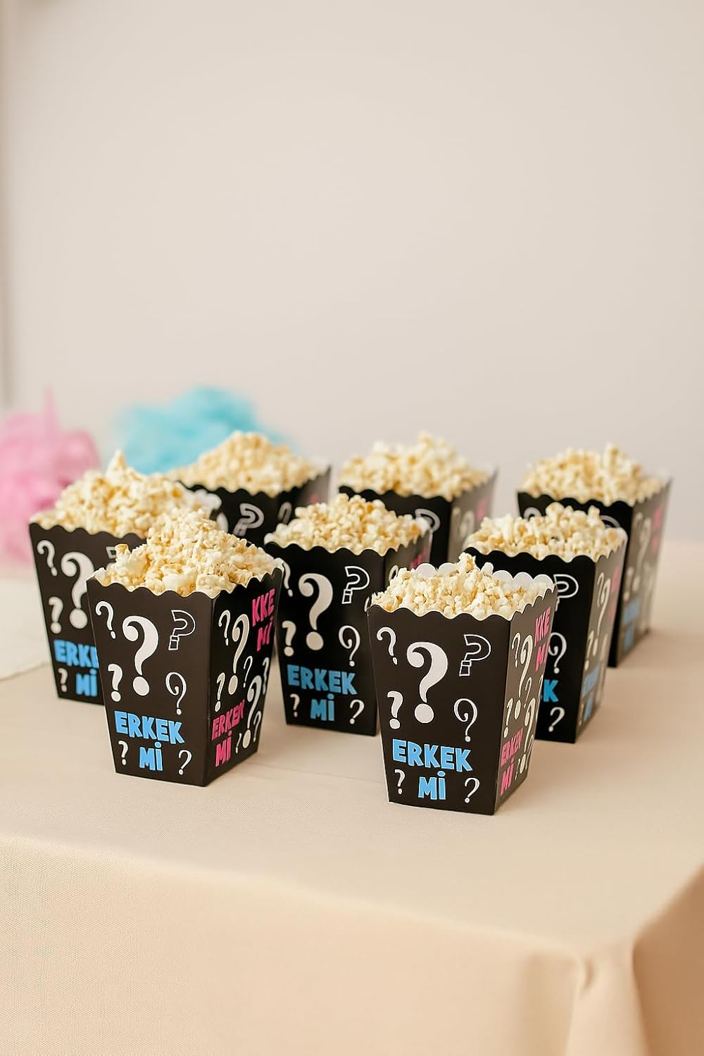 Kız mı Erkek mi Popcorn Kutusu, 8'li Set, Baby Shower ve Cinsiyet Partisi için Mısır Kutuları, Siyah