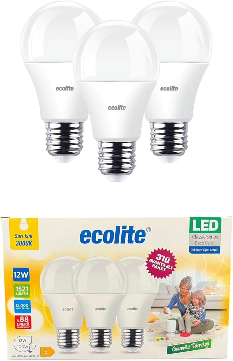 12W LED Ampul 3'lü Paket – 1521 Lümen, 100W Eşdeğer, E27 Duy, 3000K Sarı Işık, Opal Cam,%88 Enerji Tasarrufu, 15000 Saat Ömür