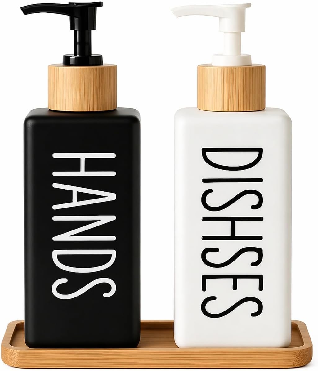 Minimalist Bambu Tepsili Siyah Beyaz Sabunluk ve Deterjan Dispenser Seti, Mutfak, Banyo ve Lavabo İçin Şık, Dayanıklı, Kaymaz Tabanlı, Geniş Ağızlı, Kolay Dolumlu Sıvı Sabunluk & Bulaşık Deterjan Şiş