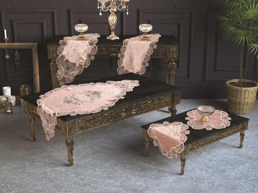 çeyiz diyarı Fransız Güpürlü Yasemin Kadife Salon Takımı 5 Parça Pudra 161757