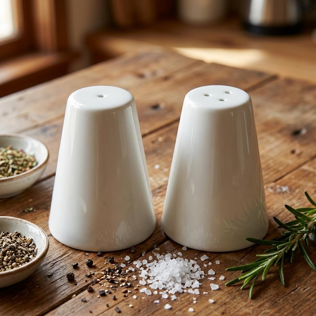 2'li Porselen Tuzluk ve Karabiberlik Seti - Yumuşak Hatlı Minimalist Beyaz Sofra Baharatlık Takımı Ergonomik Masaüstü Tuzluk (5,7 x 7,9 cm)
