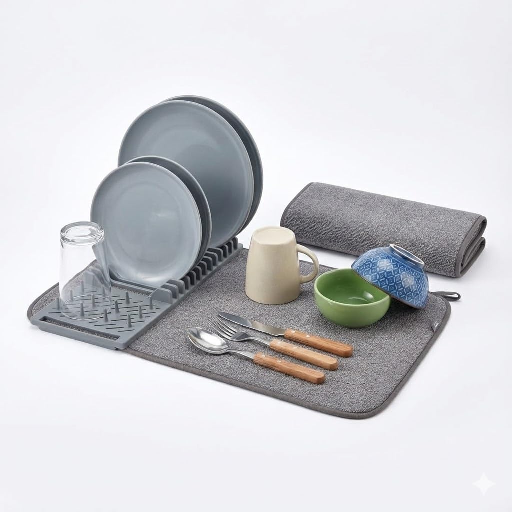 Mikrofiber Su Emici Bulaşıklık Matı – 37x60 cm Tezgâh Üstü Bulaşık Kurutma Matı, Kaymaz Su Emici Mutfak Matı, Katlanabilir Tabaklık Süzgeçli Plastik Sepetli Kurulama Örtüsü (Gri) - Görsel 2