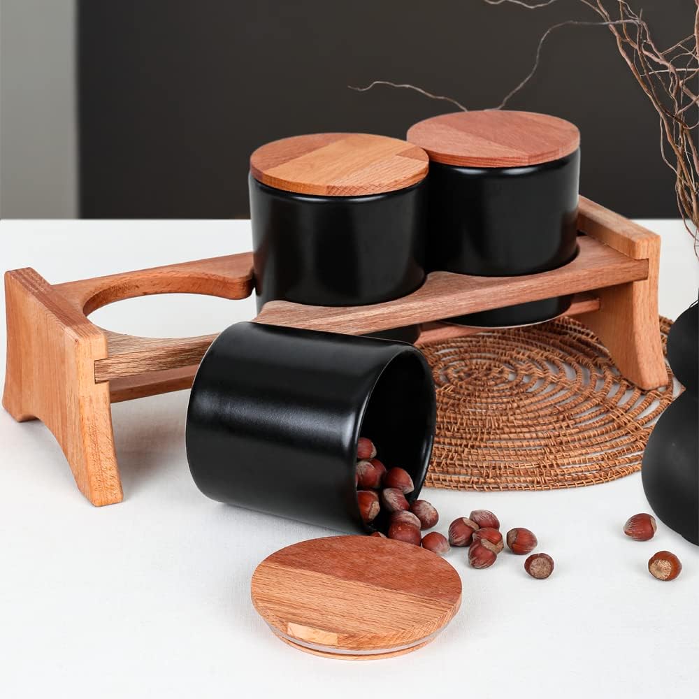 Keramika Mat Siyah Ege Ahşap Standlı Saklama Kabı 10 cm 3 Parça