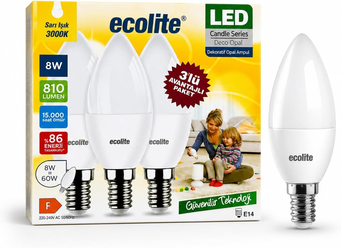 8 W LED Mum Ampul – E14 Duy, 810 Lümen, 3000K Sarı Işık, 60W Eşdeğer, 3’lü Paket, Opal Dekoratif Ampul, Dimmer Uyumlu Değil,%86 Enerji Tasarrufu, 99x37 mm (Sarı) - Görsel 3