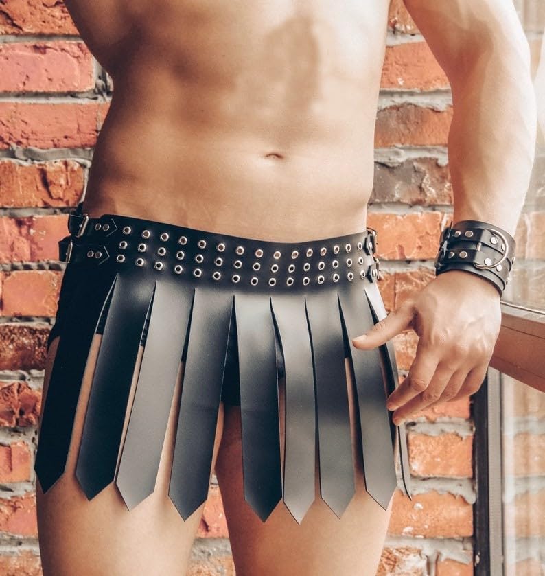 Uniseks Suni Deri Roma Gladyatör Etek Seti, Siyah, Korsan Dekorlu Tavşan Maske, Gotik Savaşçı Cosplay Festival Kostümü, Yetişkin, Ayarlanabilir Boyut - Görsel 3