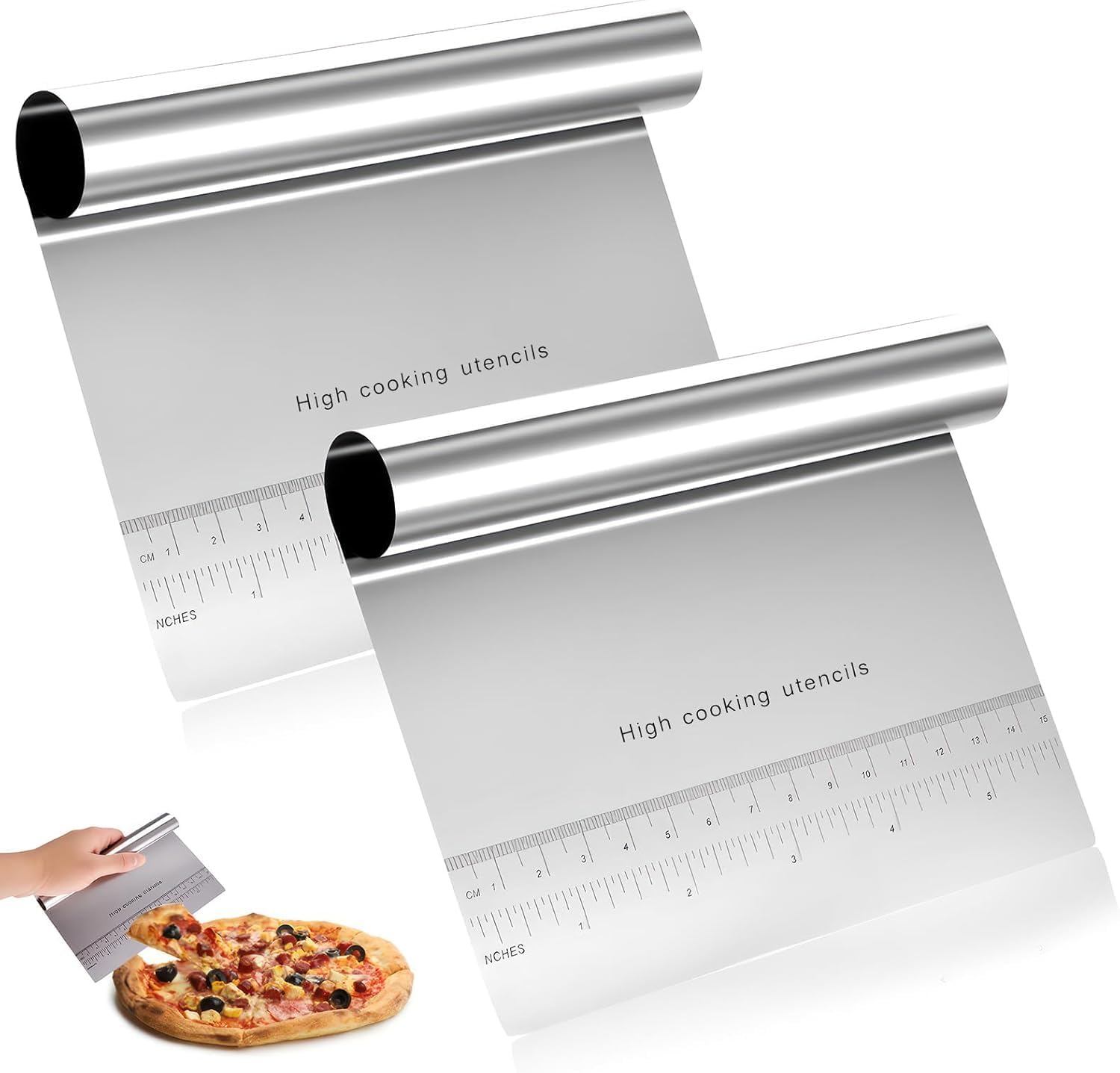 Alternative view of 2 Adet Büyük Boy Hamur Kesici & Kazıyıcı Seti – cm/inç Ölçekli Metal Hamur Spatulası – Pizza, Pasta, Ekmek ve Hamur Bölücü Profesyonel Mutfak Aleti 20 cm