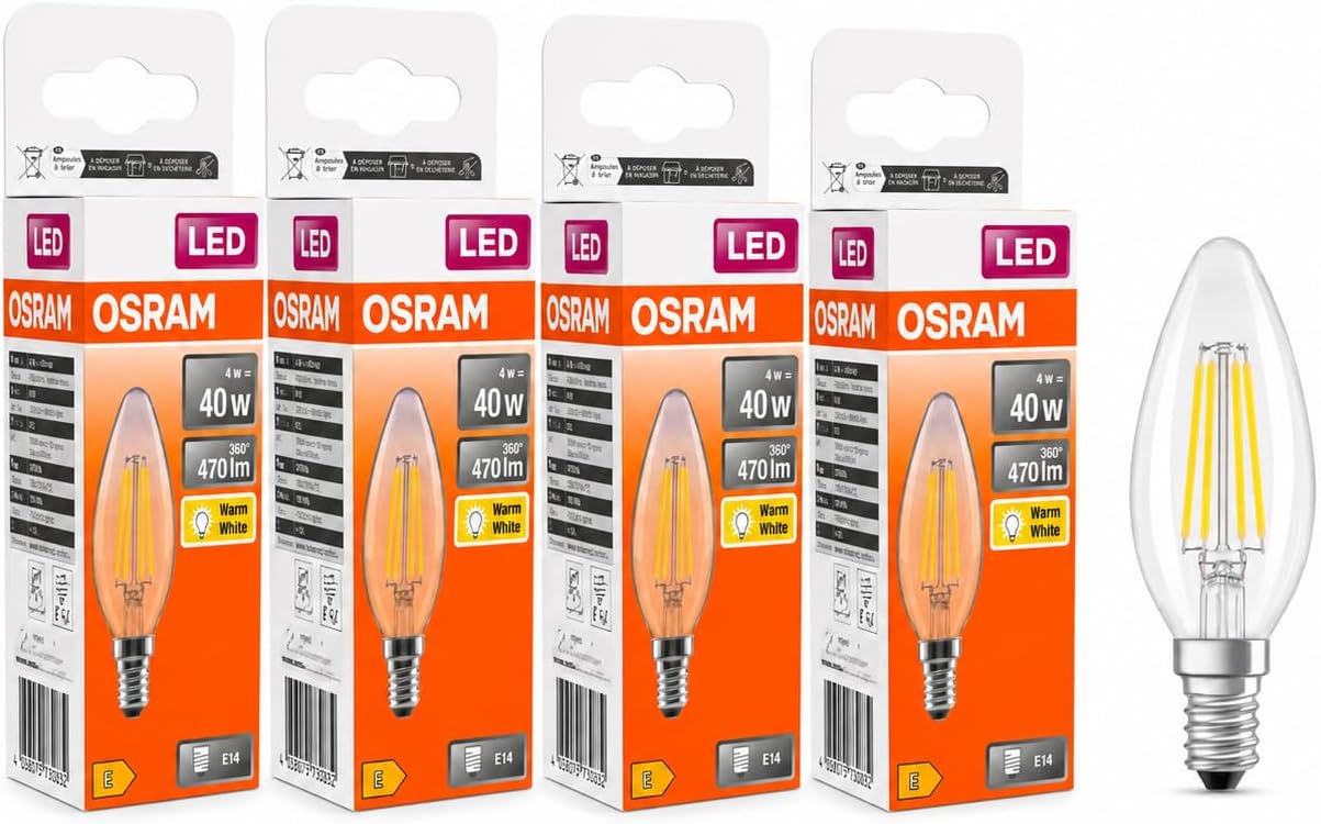 Alternative view of LED Filament Mum Ampul E14 4W 470 Lümen 2700K Sarı Işık 40W Eşdeğeri Şeffaf Cam Dim Edilemez 4'lü Paket