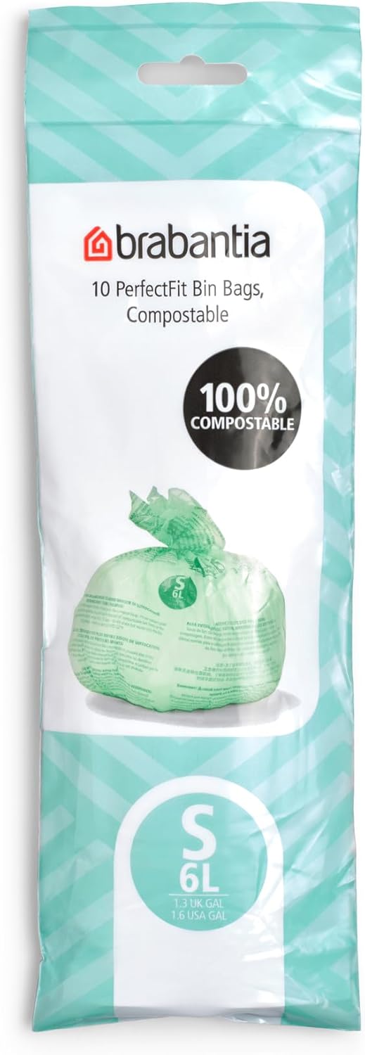 Brabantia 419683 Perfectfit 6L (S) - Rulo Başına 10 Adet Çöp Torbası, Mısır Nişastası, Beyaz, 16 X 16 X 11 Cm