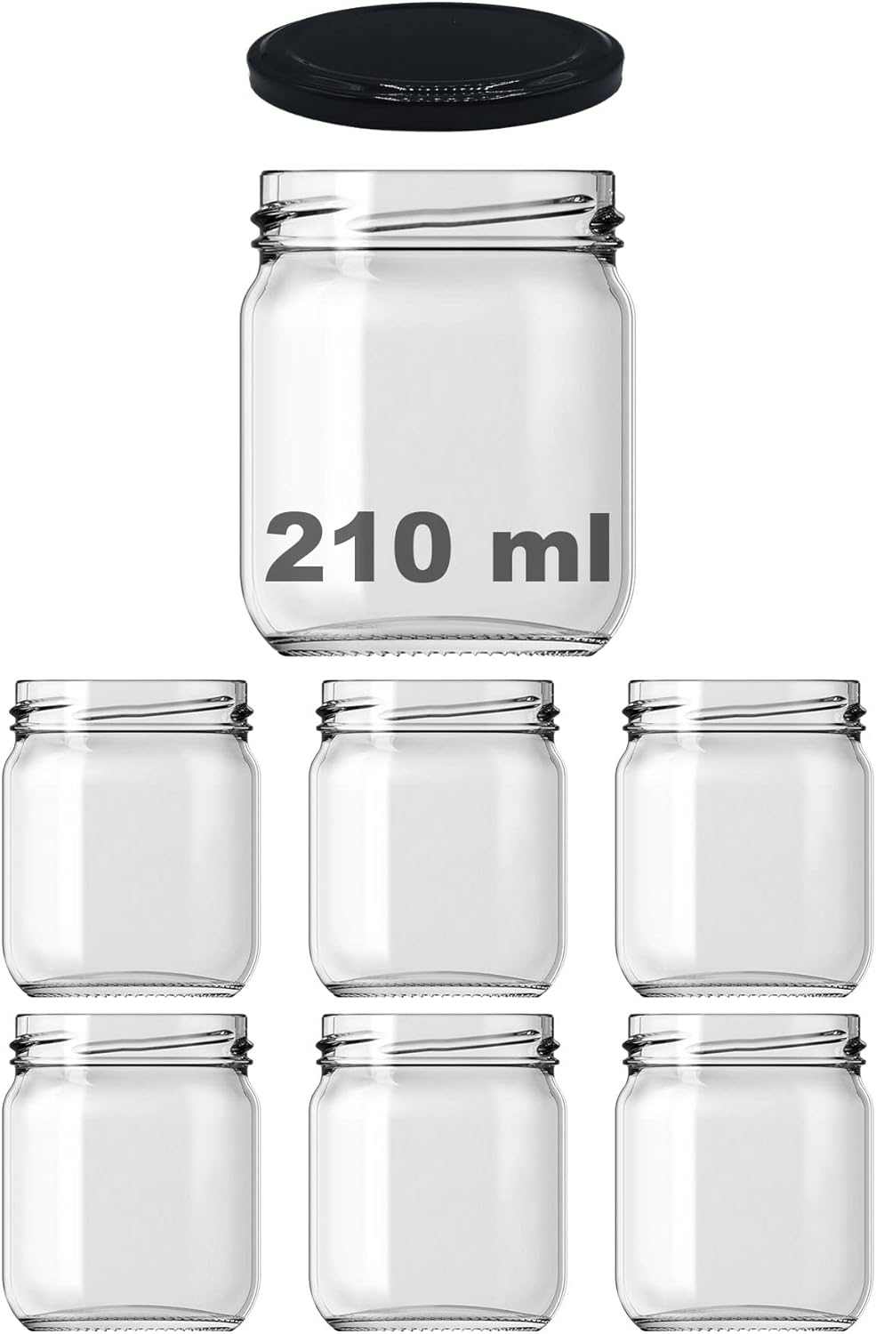10-1000 ml Farklı Boyutlarda Kavanoz (10-1000 Arası) cc Konserve Metal Kapaklı Cam Kavanoz 6 Adet (Şeffaf, 210 cc)