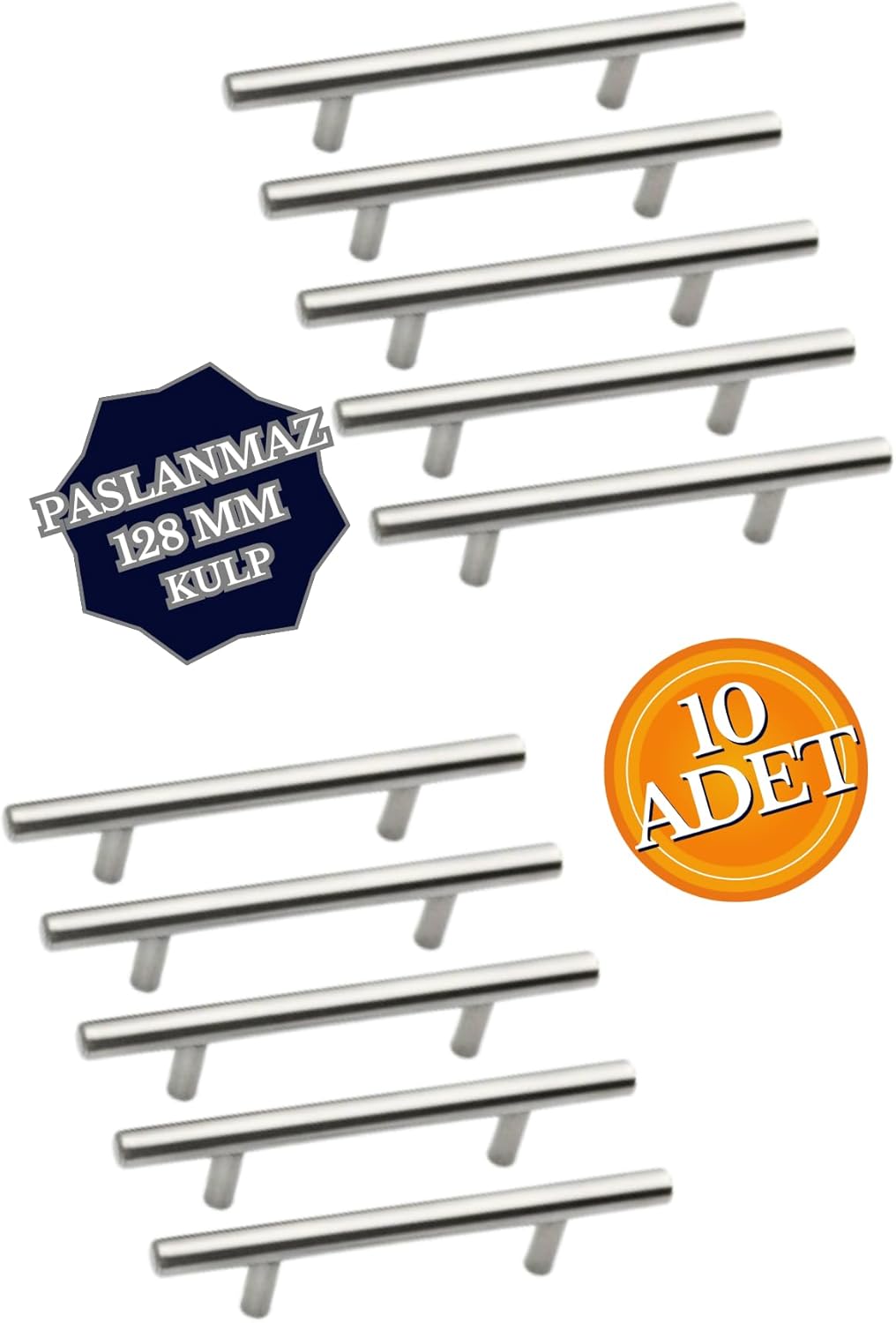 Paslanmaz Metal Kulp, Inox Dolap Çekmece Mobilya Kulbu, TV Ünitesi Yatak Odası Vestiyer Mutfak için (128 mm, Adet, 10)