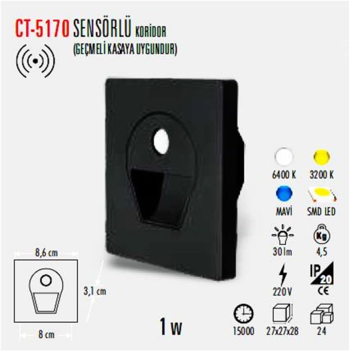 Alternative view of Ct-5170 1 Watt Siyah Kasa Sensörlü Koridör Armatürü Beyaz