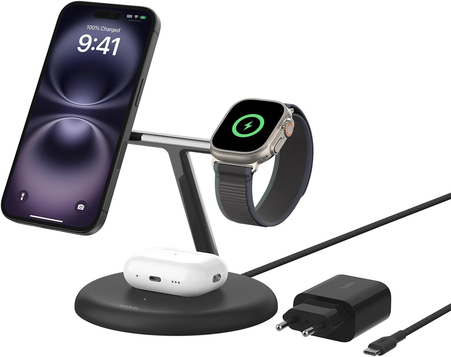 3'ü 1 Arada Manyetik MagSafe Uyumlu Qi2 15W Kablosuz Şarj Standı, iPhone 16, 15, 14 ve 13 Serisi, AirPods, Apple Watch vb. için Hızlı Şarj Özellikli iPhone Şarj Cihazı (PSU dahil) - Siyah - Görsel 3
