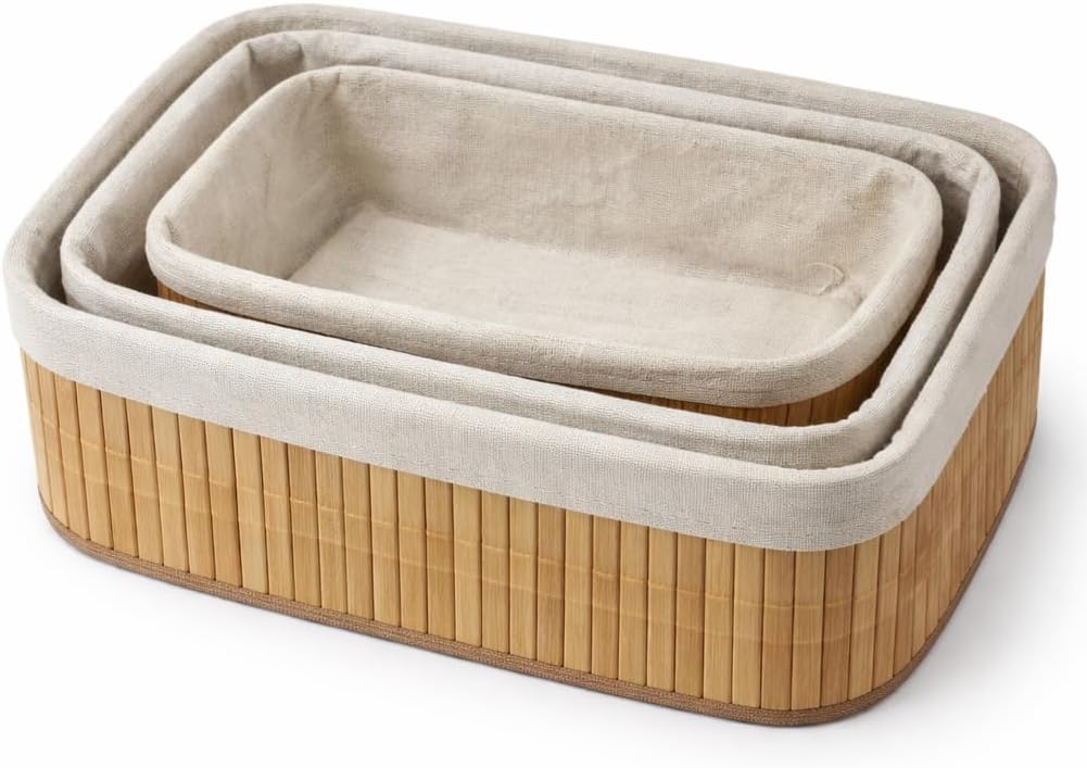 Alternative view of Bambu Meyvelik Sepeti 3’lü Set – Küçük, Orta, Büyük Boy – Çıkarılabilir Kumaş Astarlı – Doğal Ahşap Dekoratif Tezgah & Masa Üstü Organizer (Large)