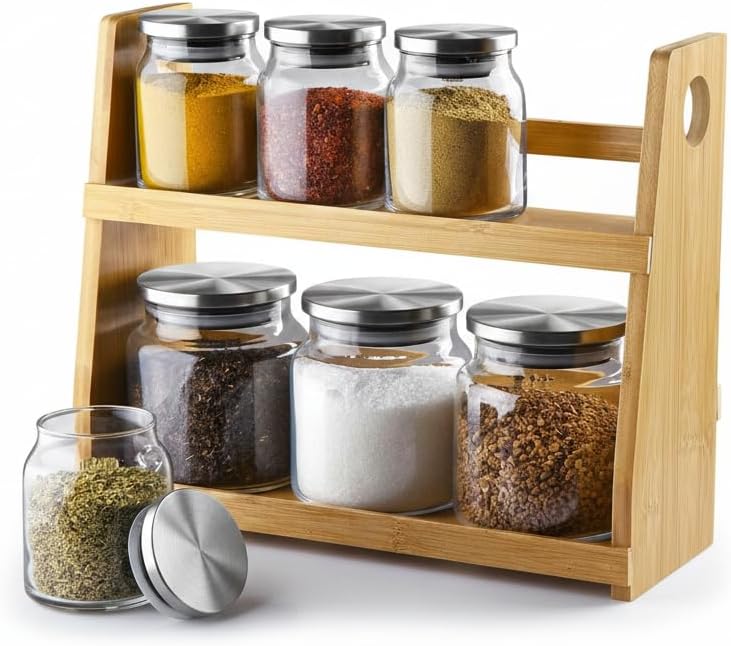 8 Parça Borosilikat Cam Baharatlık Seti (700 ml) - Paslanmaz Çelik Kapaklı ve Bambu Kapak Sçenekli 2 Katlı Bambu Standlı Tezgah Üstü Erzak Kabı ve Mutfak Düzenleyici Organizer (Bambu Kapak) - Görsel 3