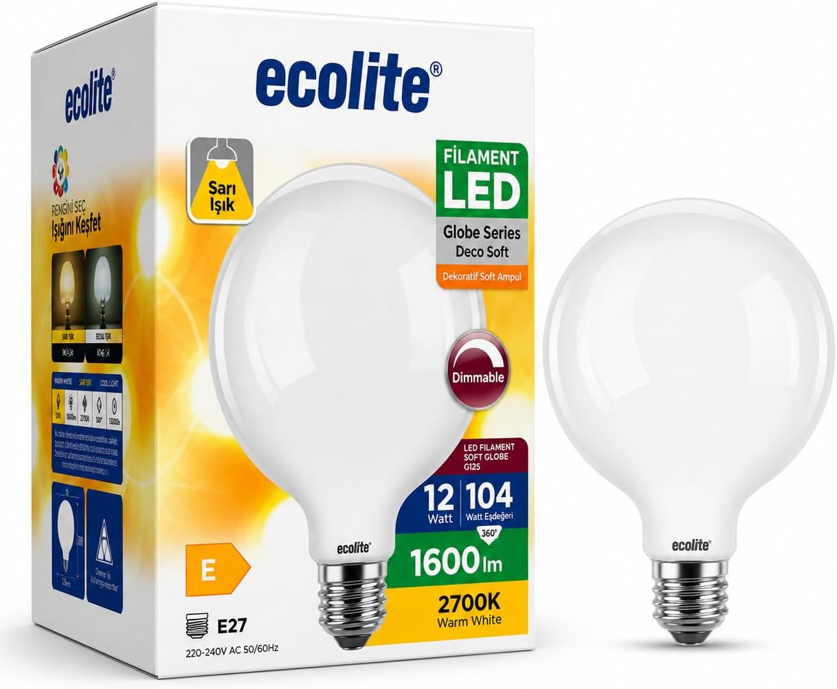 G125 Büyük Boy LED Ampul 12W (104W Eşdeğer) E27 Duy Dimmer Uyumlu 1600 Lümen 2700K Sarı Işık Dekoratif Soft Globe Ampul 178x125 mm