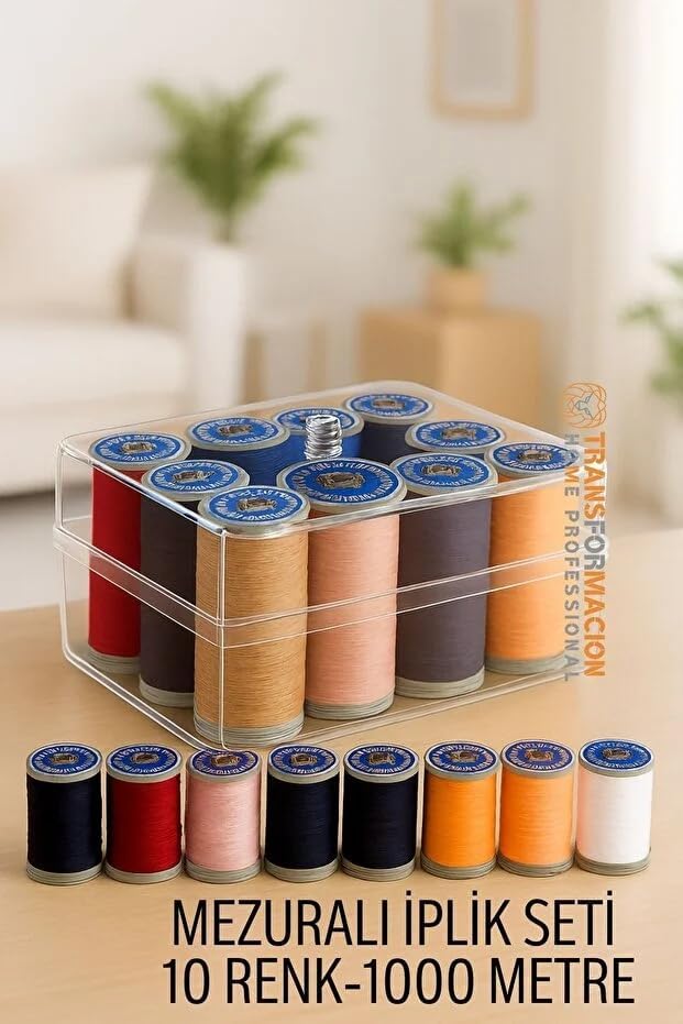 10 Renk Dikiş İpliği Seti (Toplam 1000 Metre) - Kutulu ve Mezura Hediyeli Polyester Makara Seti - Dikiş Makinesi ve El Dikişi İçin Dayanıklı ve Renkli İplik Kiti - Görsel 3