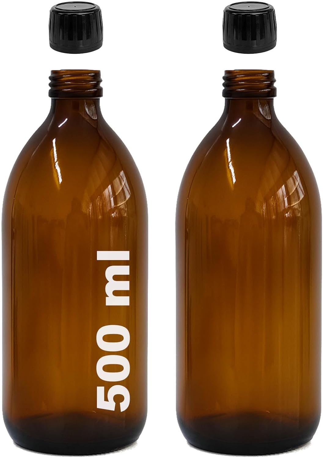 Amber Ecza Şişesi, 500 ml, Kahverengi Cam, Plastik Contalı Kilit Kapak, Hava ve Sıvı Sızdırmaz, 28mm Ağız Çaplı, Parfüm Demlemek İçin Uygun, 2 Adet (500 ml, Siyah Kapak)