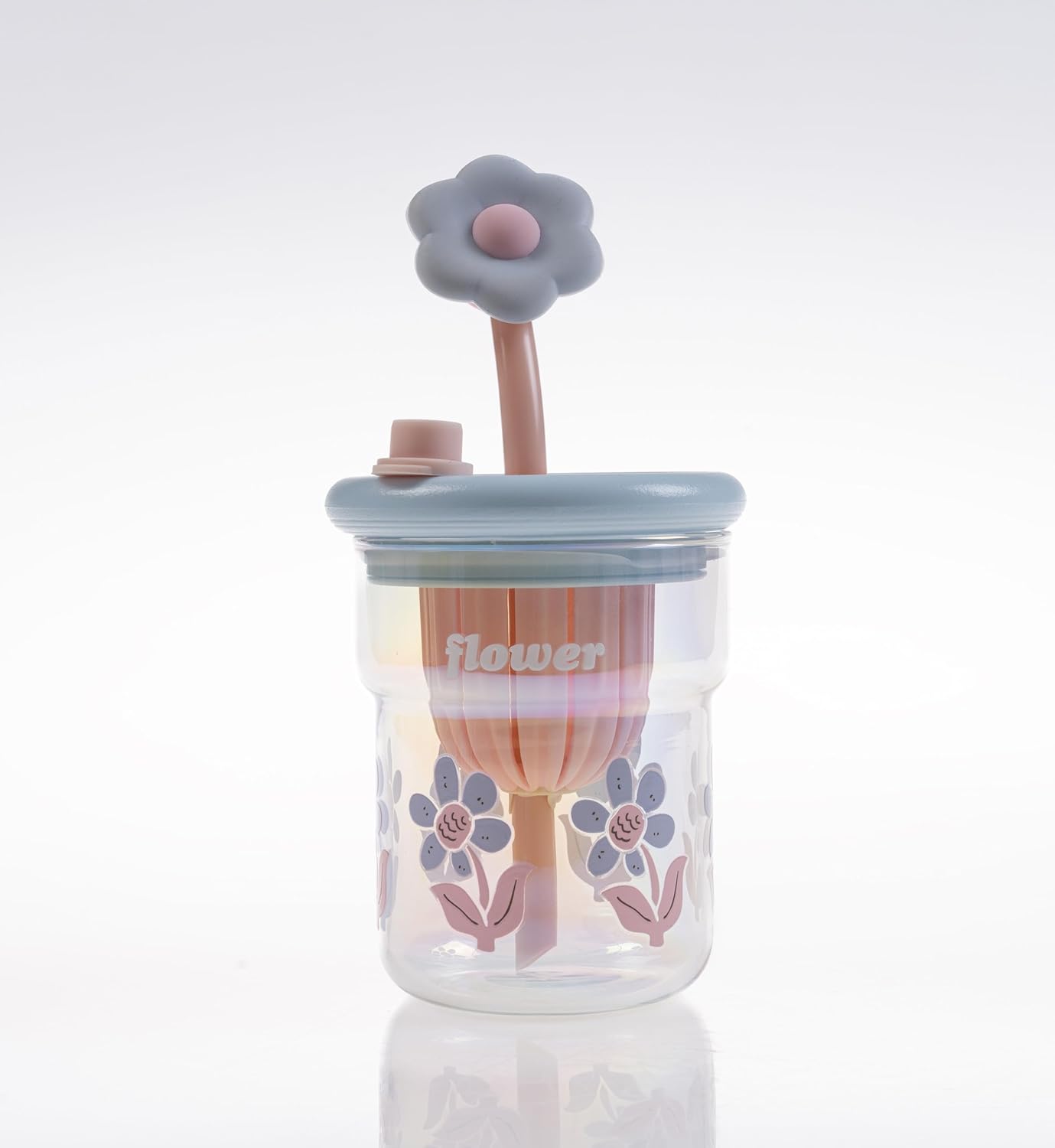 Alternative view of Çiçek Desenli Cam İçecek Bardağı, Çiçek Temalı Pipetli Bardak, Kapaklı,Eglenceli ve Dekoratif Tasarım, Mor,Pembe,Mavi,ve Yeşil Renk Seçenekleri (Mavi)