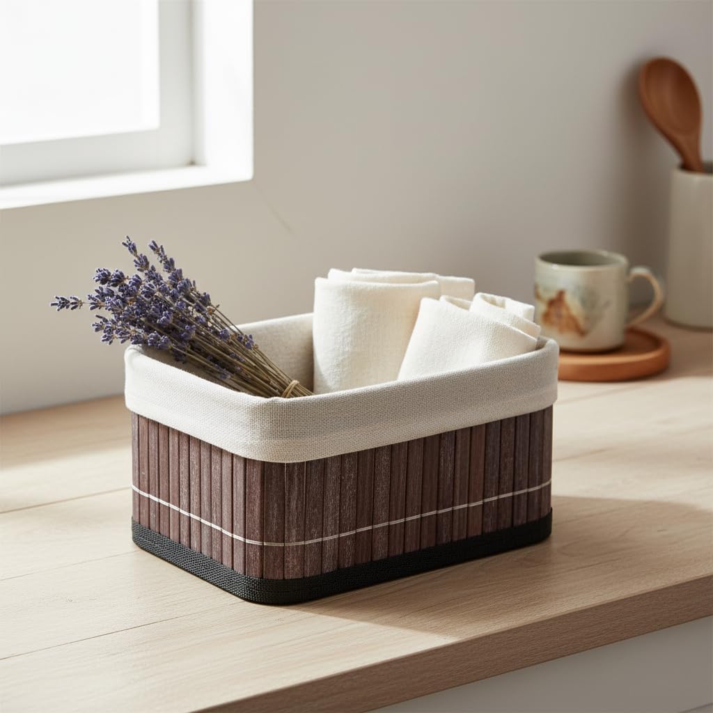 Mini Dikdörtgen Bambu Düzenleyici ve Saklama Sepeti – Gri Ahşap Banyo, Makyaj ve Ofis Organizeri, Kumaş Astarlı Dekoratif Kutu (20x15x10 cm)