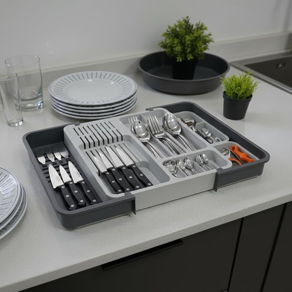 Çekmece İçi Sürgülü Çatal Kaşık ve Bıçaklık Organizeri - Genişleyebilir Modüler Mutfak Düzenleyici (Açık 55 cm, Kapalı 34 cm) - Açık Gri ve Antrasit Renk - Görsel 2
