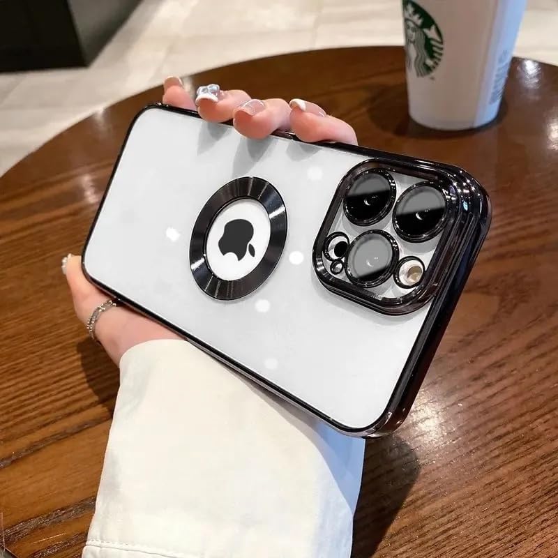 & AKSESUAR iPhone 13 Pro Max ile Uyumlu Laser Şeffaf Parlak Arka Yüzey Ve Logo Detaylı Kenarları Silikon Yapıya Sahip Lens Koruyuculu Kılıf (Siyah)
