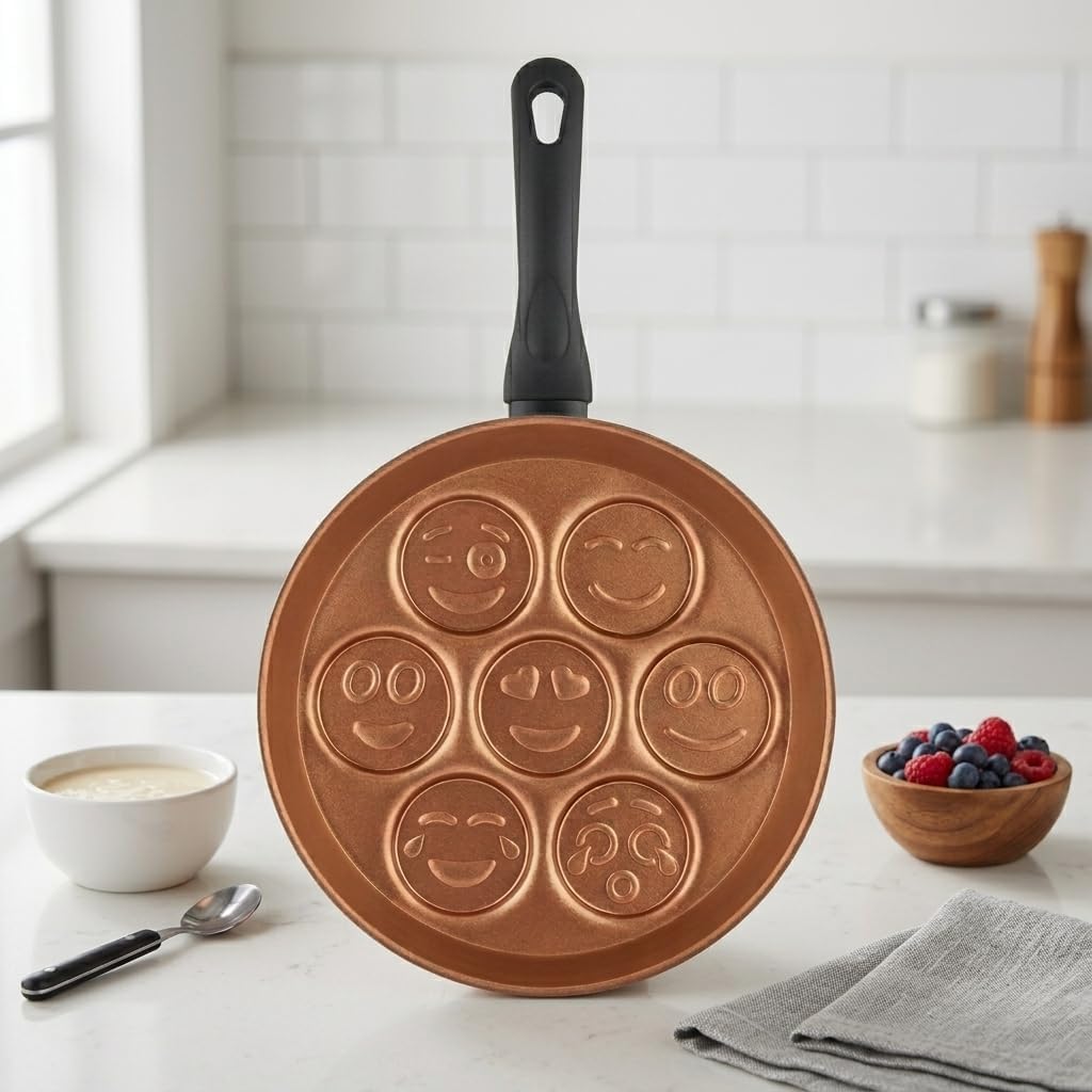 Redio Emoji Pankek ve Yumurta Tavası - 7 Bölmeli Gülen Yüz Tasarımlı, Yanmaz Yapışmaz Krep Tavası (28 cm) (BRONZ)