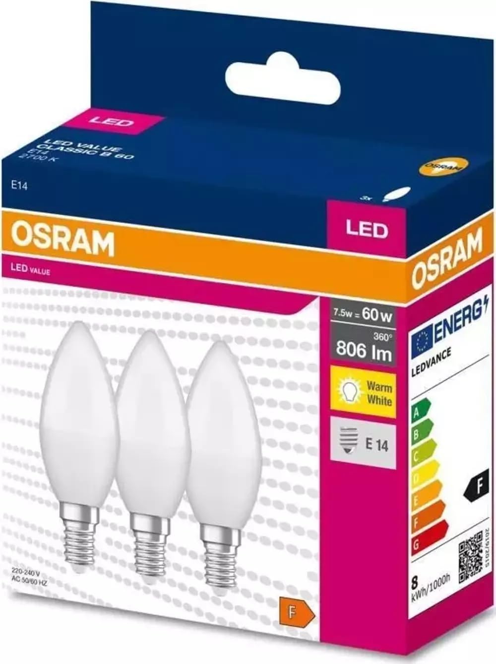 Led Value CLB60 7,5W/827 3'lü E14 Duy Sarı Işık 2700K Led Mum Ampul