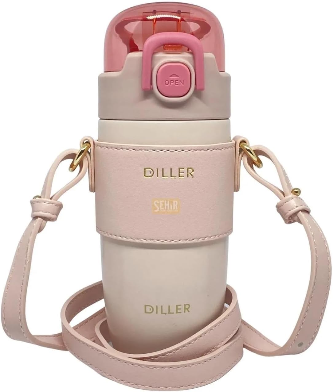 Diller 360ml Moda Deri Kılıflı Pipetli Askılı Pastel Renkli Paslanmaz Çelik Termos Matara (Pembe)