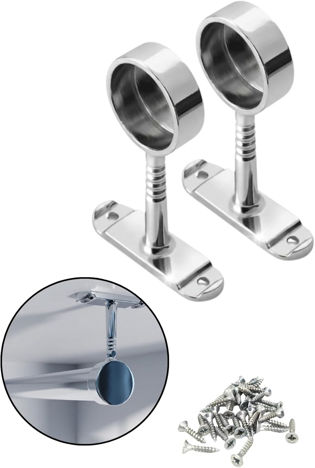 Krom Yuvarlak Mobilya Boru Askı Flanşı, Dolap Elbise Gardırop Askılık Borusu Aparatı, Metal, 2 Adet