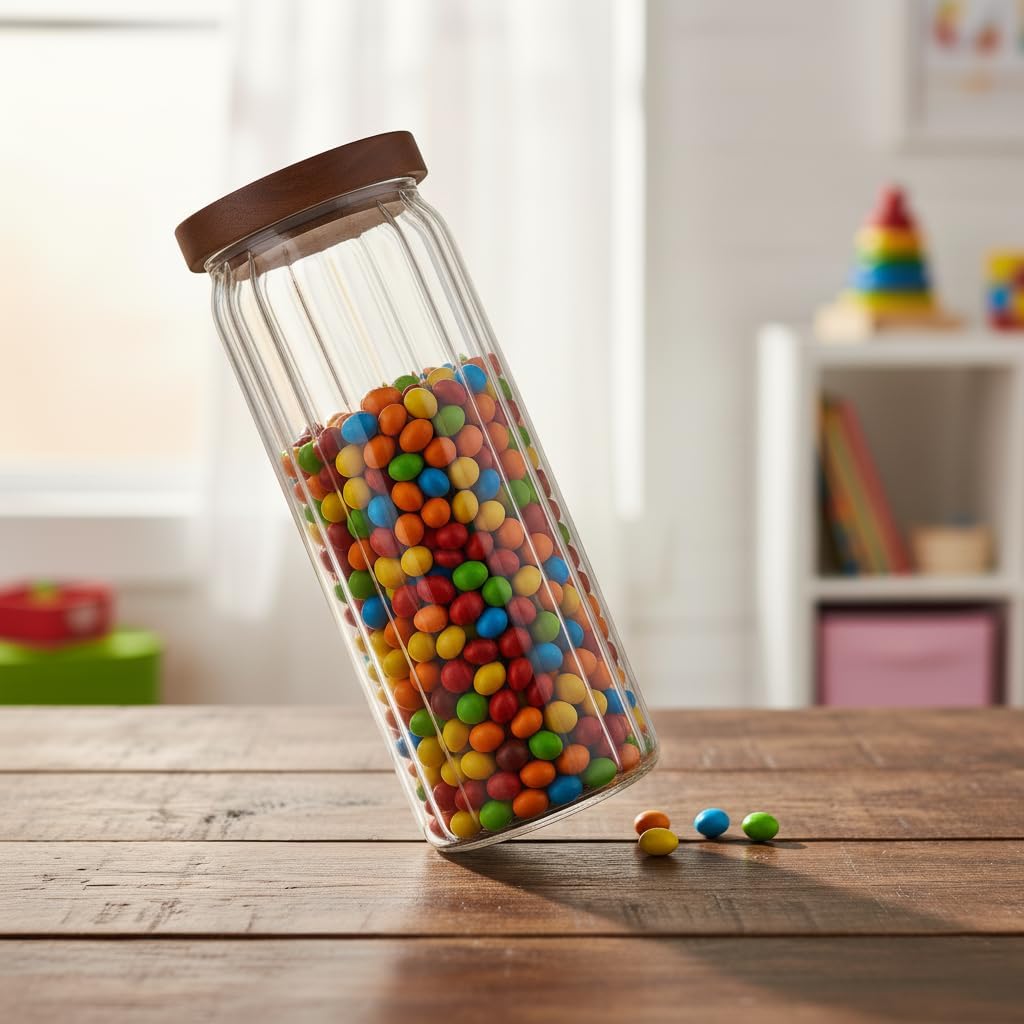 Akasya Kapaklı Uzun Çizgili Cam Kavanoz (1250 ml) | Hava Geçirmez, Modern Fitilli Tasarım Gıda Saklama Kabı | Makarna, Bakliyat, Kahve ve Çay Kavanozu (9x25 cm) - Görsel 3