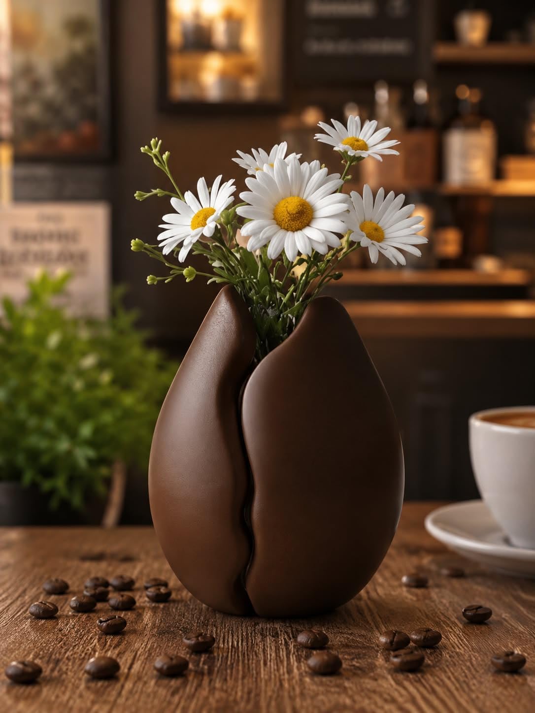 Kahve Çekirdeği Tasarımlı Dekoratif Vazo, Kahverengi, Mat Finish, 15 cm Yükseklik, 10 cm Genişlik, Modern Masaüstü Dekorasyon Objesi | PLA 3D Baskı - Görsel 2