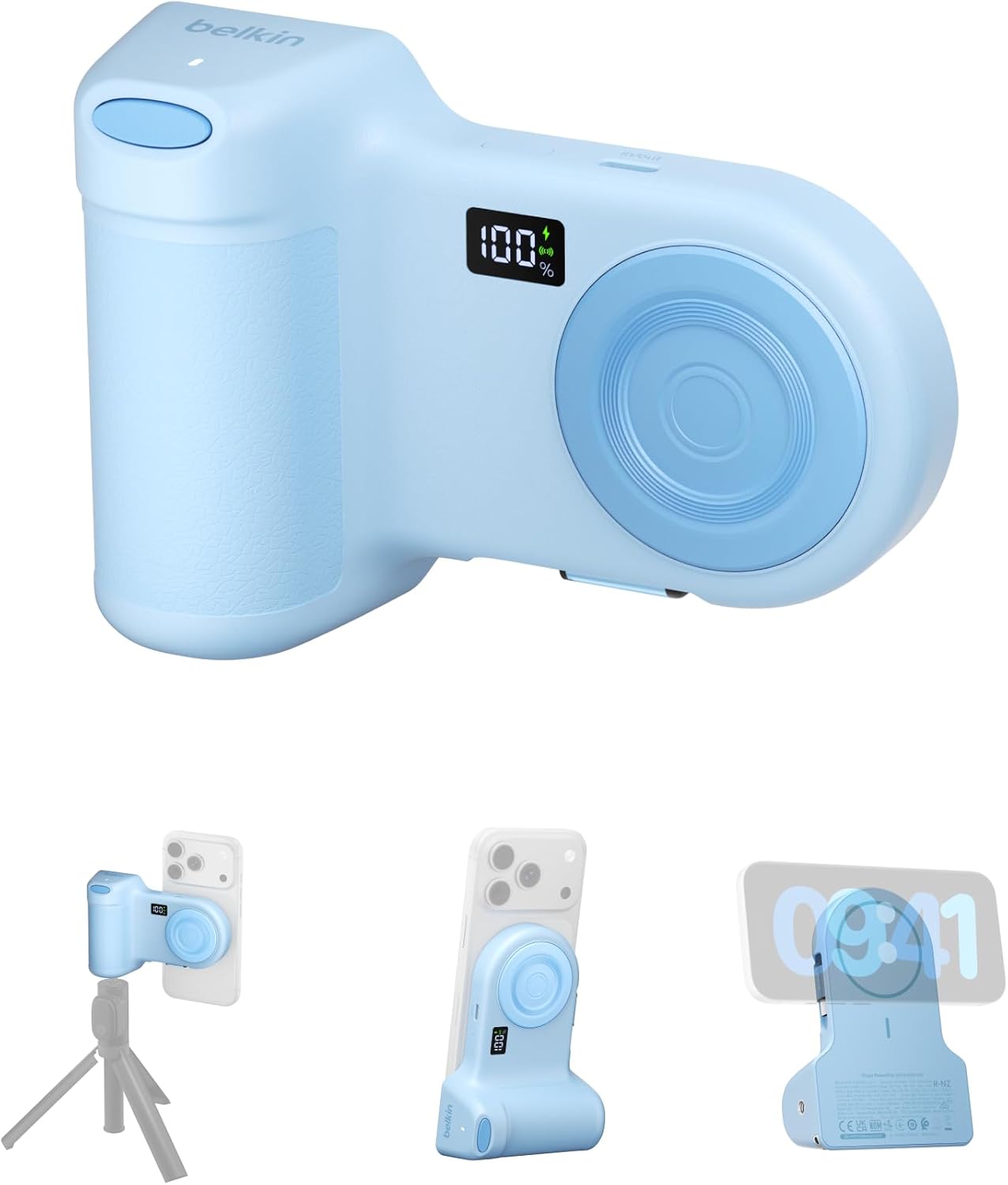 Alternative view of Stage PowerGrip, Manyetik Kablosuz Şarjlı Kamera Tutacağı 9300 mAh, Geri Çekilebilir USB-C Kablolu Power Bank, Bluetooth & Tripod Bağlantısı, LCD Ekran, iPhone ve Pixel için Şarj Cihazı