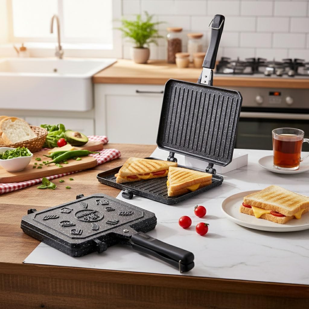 Çift Taraflı Ocak Üstü Döküm Tost Makinesi, Granit Efektli Yanmaz Yapışmaz Sandviç ve Tost Tavası - Hamburger, Omlet ve Aperatifler İçin İdeal | Ergonomik Saplı Kolay Temizlenebilir Grill Tava - Görsel 3