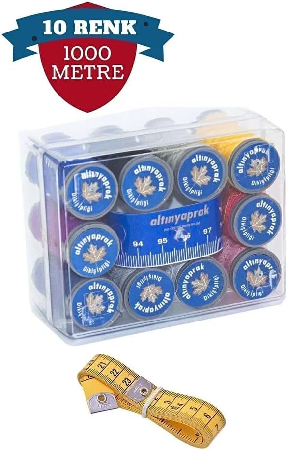 Alternative view of 10 Renk Dikiş İpliği Seti (Toplam 1000 Metre) - Kutulu ve Mezura Hediyeli Polyester Makara Seti - Dikiş Makinesi ve El Dikişi İçin Dayanıklı ve Renkli İplik Kiti
