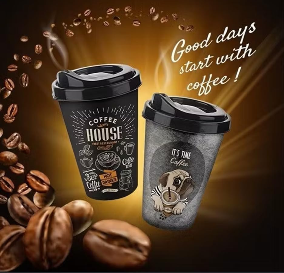 2'li Coffee House Desenli Kahve Bardağı Takımı (2 x 400 ml) - Kahverengi Pipet Girişli Kapaklı İçecek Bardağı Paketi - Görsel 3