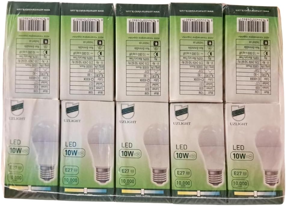 10'lu Uzlight 10W A60 E27 4000K Gün Işığı Led Ampul