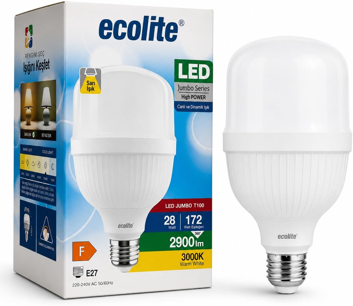 Jumbo LED Ampul 28W (172W Eşdeğer) - E27 Duy, 3000K Sarı Işık, 2900 Lümen, Enerji Tasarruflu LED Lamba, 149x100mm, AC 220V, Dimmer Uyumlu Değil