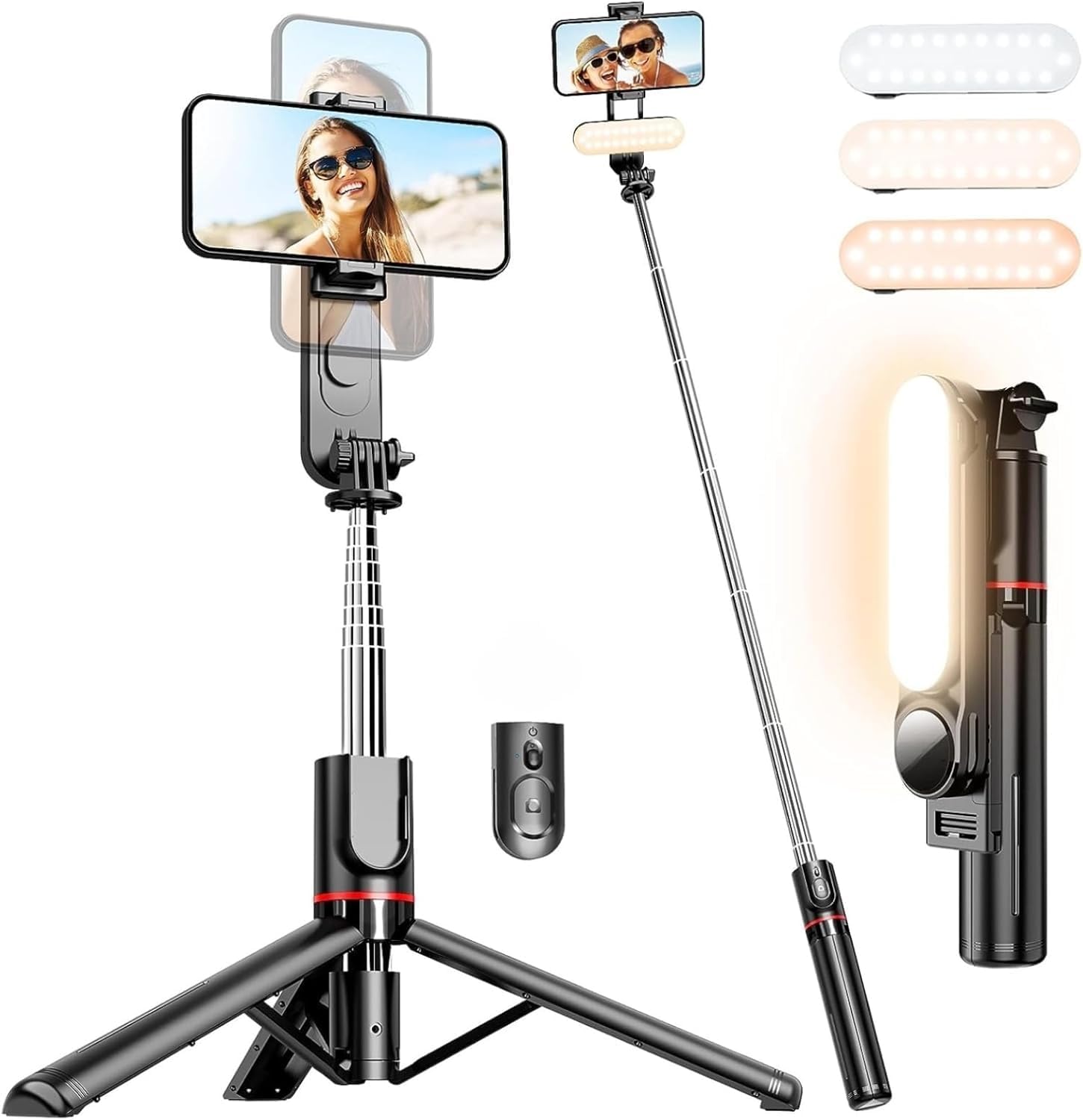 Infomax LED Işıklı Selfie Çubuğu & Tripod – 111 cm Uzatılabilir, 360° Döner Telefon Tutucu, Çıkarılabilir Bluetooth Kumanda, 3 Renk Modu & 9 Parlaklık Seviyesi, Apple ve Android ile Uyumlu