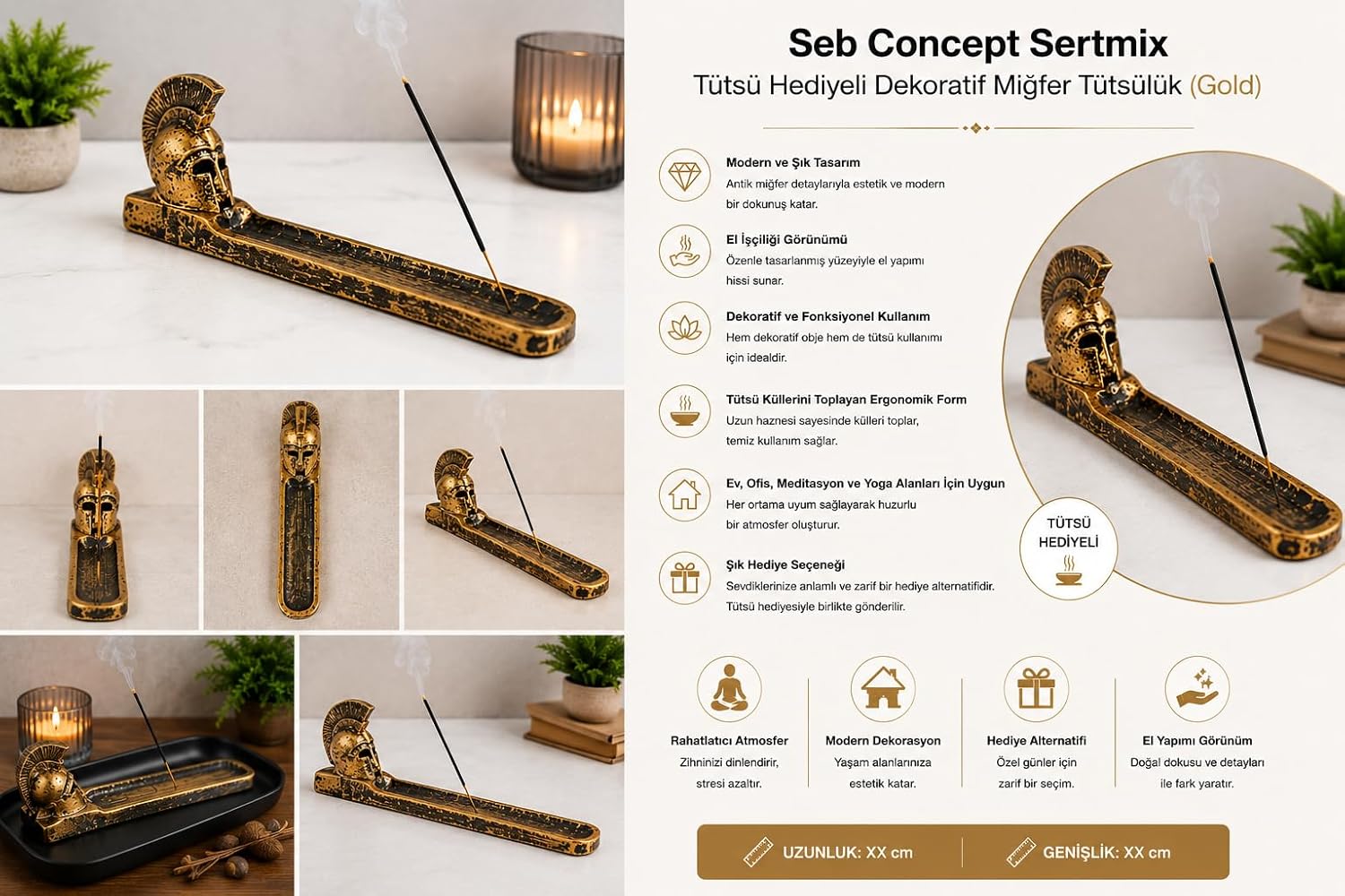 Alternative view of Seb Concept Sertmix Tütsü Hediyeli Dekoratif Miğfer Tütsülük (Gold)