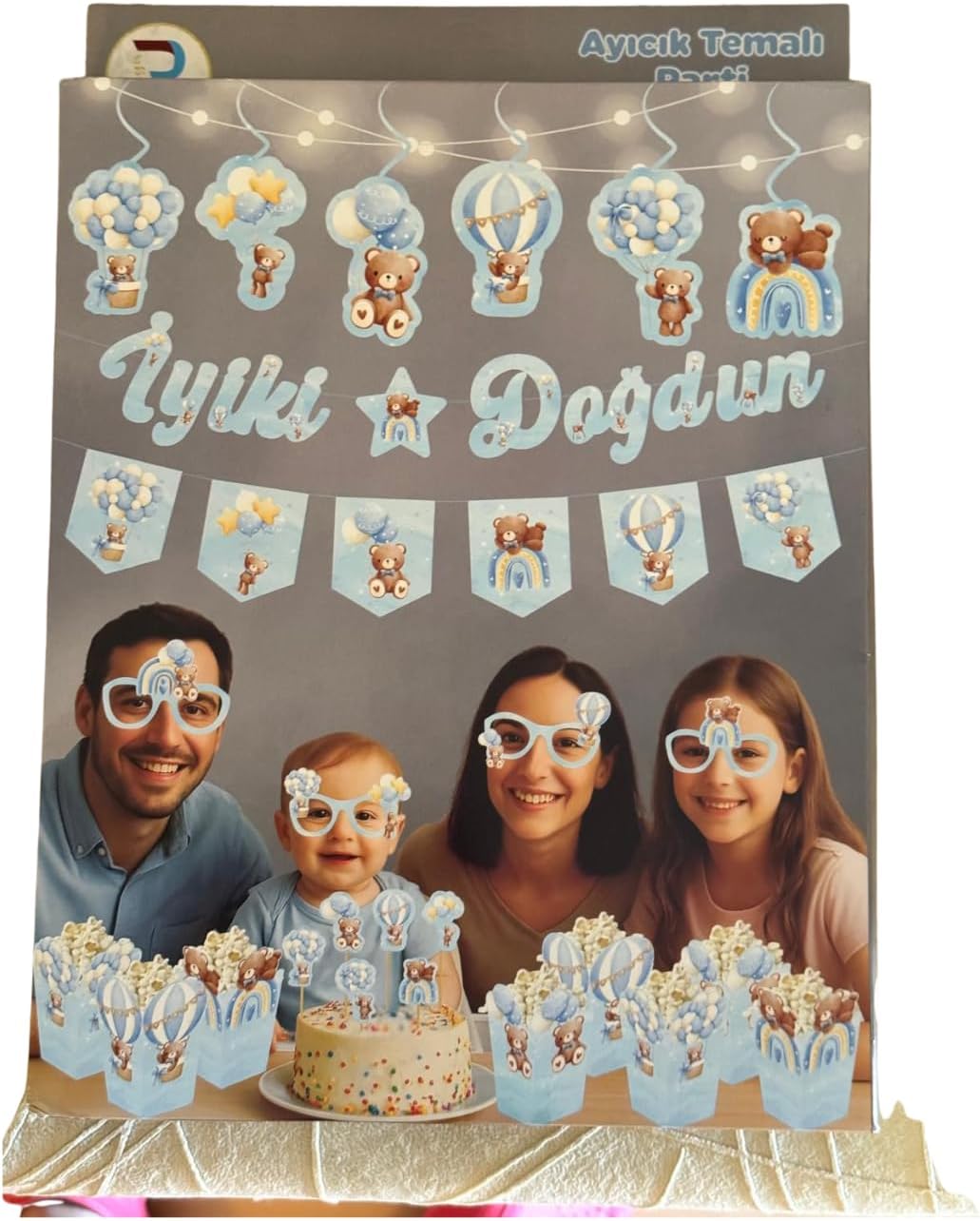 JL Ayıcık Temalı Doğum Günü Parti Seti, Mavi, 29 Parçalı, Banner, Tavan Sarkıt, 3D Gözlük, Pasta Figürü ve Mısır Kutusu (Mavi, Doğum Günü Konseptli Dekorasyon Paketi)
