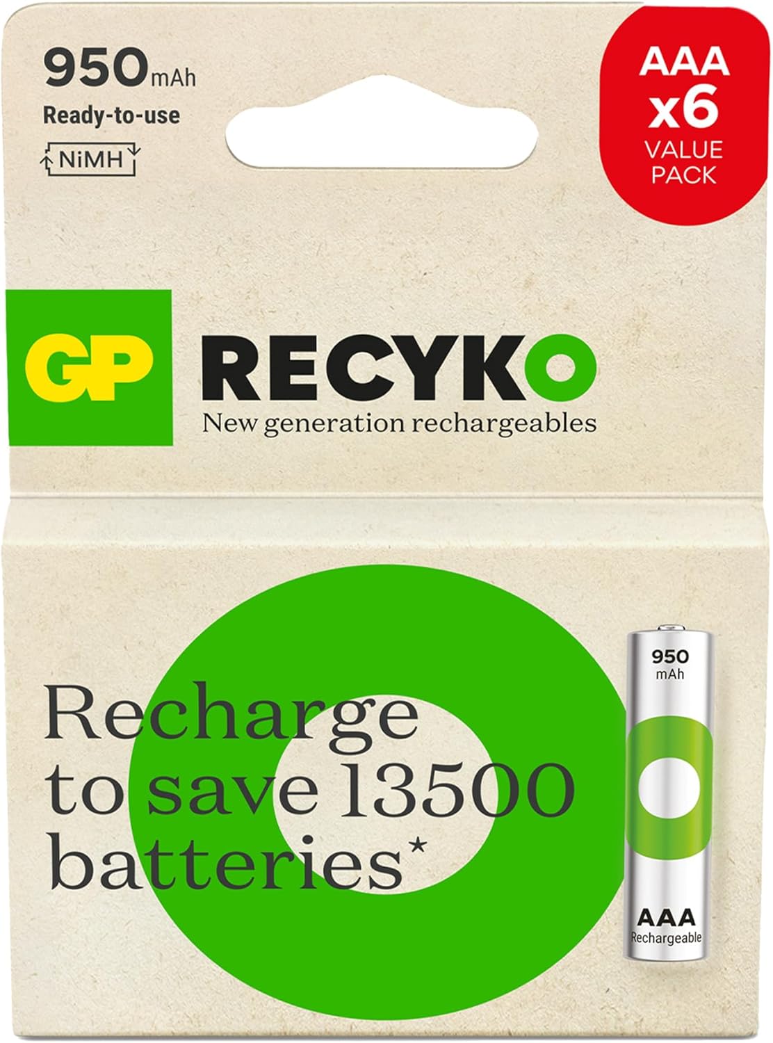 Alternative view of GP Batteries ReCyko 950mAh AAA İnce Kalem Ni-Mh Şarjlı Pil, 1.2 Volt, 6'Lı Kart