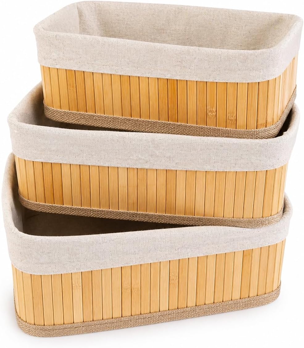 Alternative view of Bambu Organizer Sepet 3’lü Set – Kumaş Kaplı Dekoratif Saklama Kutusu, Çok Amaçlı Düzenleyici (Banyo, Mutfak, Dolap)