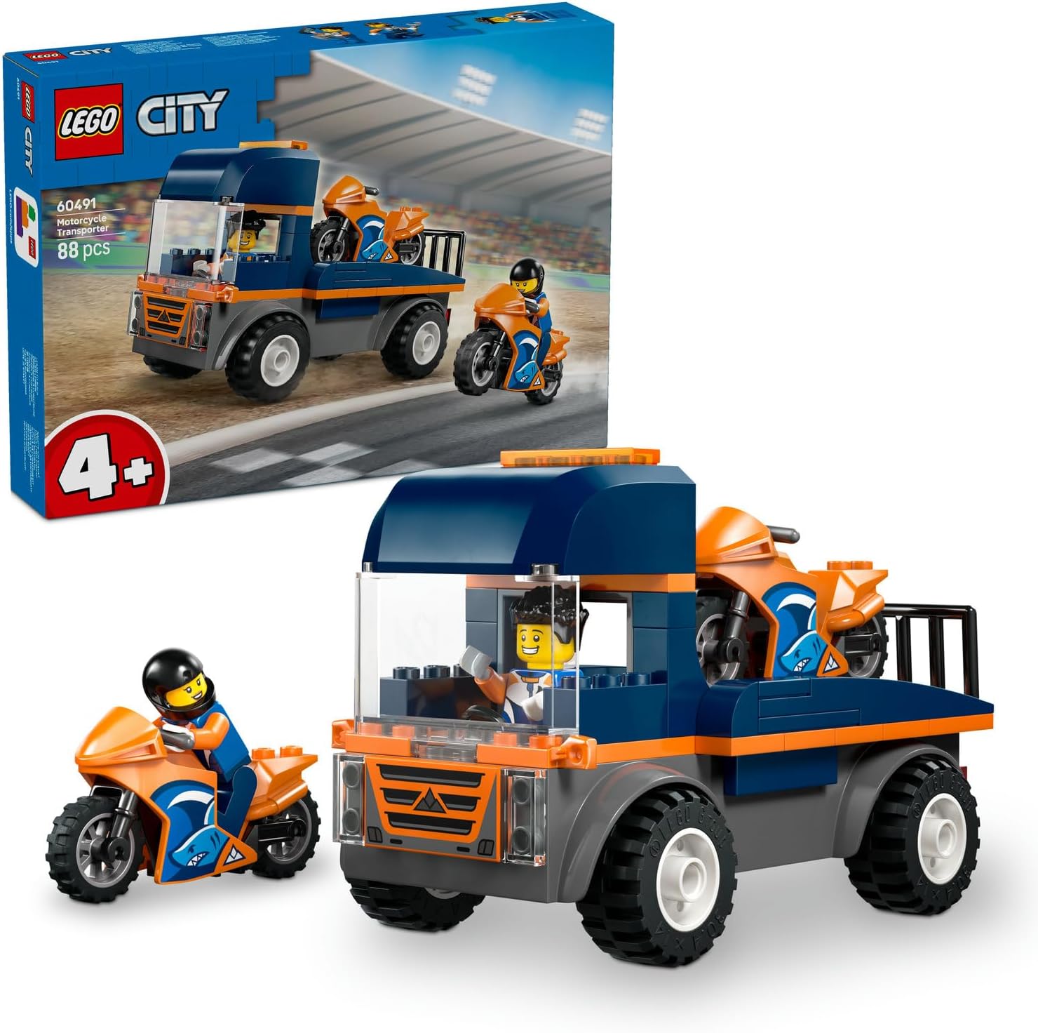 City Motosiklet Taşıyıcı 60491 – 4 Yaş ve Üzeri Erkek ve Kız Çocuklar için 2 Kasklı Yarışçı Minifigürü İçeren Yaratıcı Oyuncak Araba Yapım Seti, Çocuklar için Eğlenceli Hediye Fikri (88 Parça)