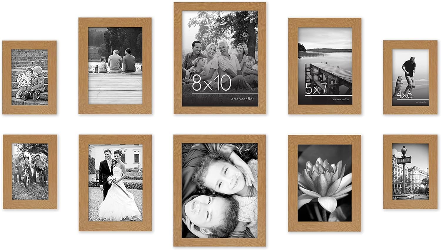 10'lu Kırılmaz Camlı Fotoğraf Çerçevesi Seti, İki 20,32x25,4 cm, Dört 12,7x17,8 cm ve Dört 10,16x15,24 cm Çerçeve ile Galeri Duvar Çerçevesi Seti İmza Koleksiyonu Koyu Meşe
